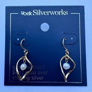NEW! Women’s Genuine Pearl 24KT Gold Sterling Silver Earrings by Silverworks NWT